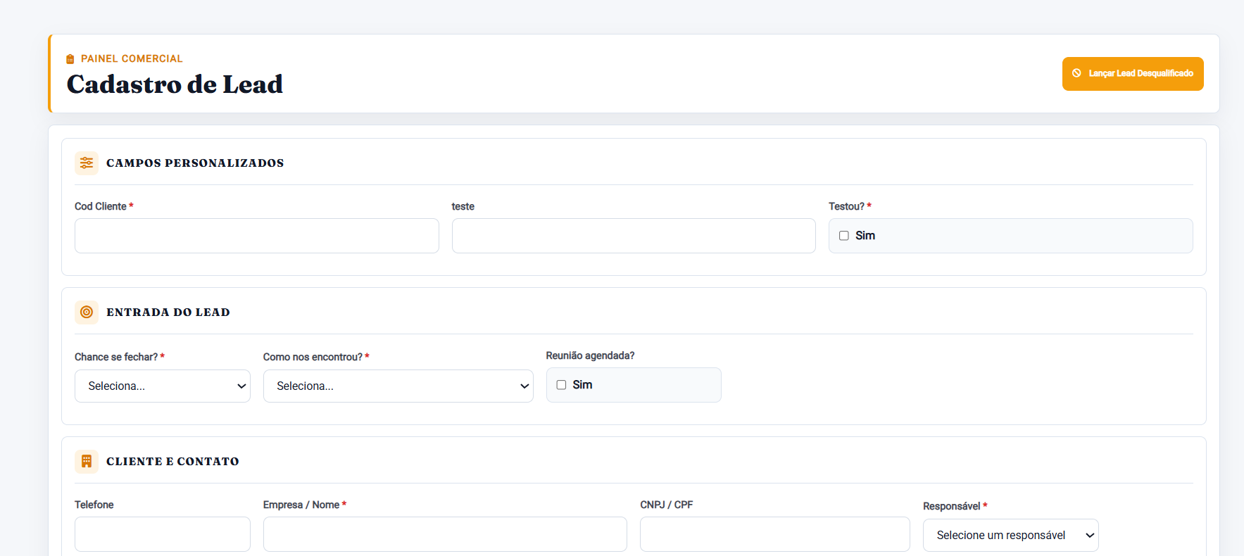 Tela de cadastro de lead do Orange CRM